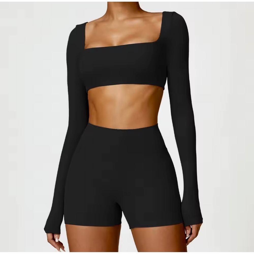 Black Square Neck Long Sleeve Crop Top Slim Fit Athleisure Size S